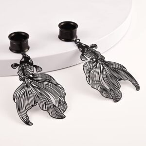 DOEARKO 2PCS Ear Gauges Cool Fish-Pendant 316 Hypoallergenic Stainless Steel Dangle Ear Plugs Tunnels Gauges Stretcher Pair Selling 2g 0g Piercing Body Jewelry (14mm(9/16"), Black)