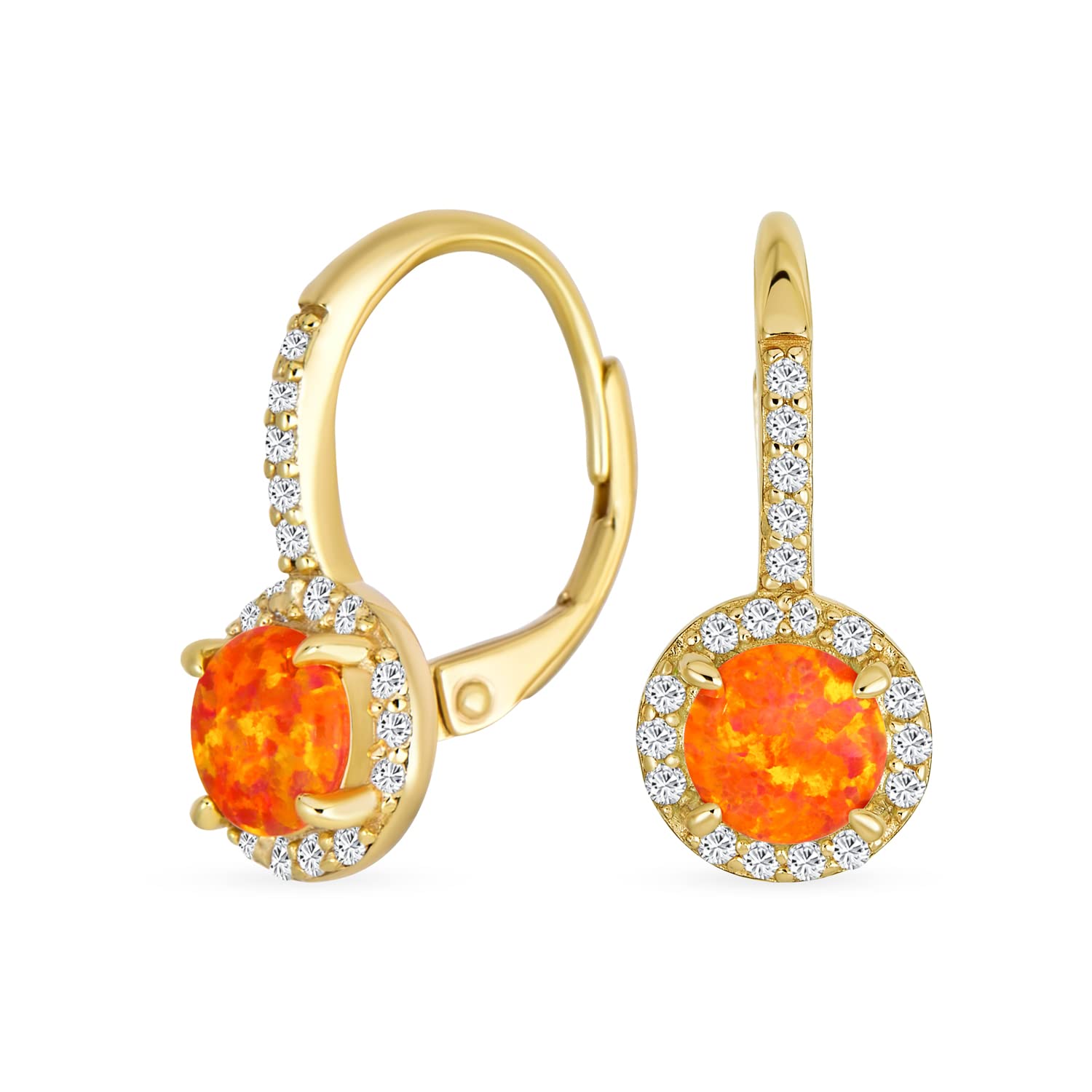 Antique Style Gemstone Cubic Zirconia Accent Pave Halo CZ Round Solitaire Circle Created Opal Drop Earrings For Women Lever Back Yellow Gold Plated .925 Sterling Silver October Birthstone