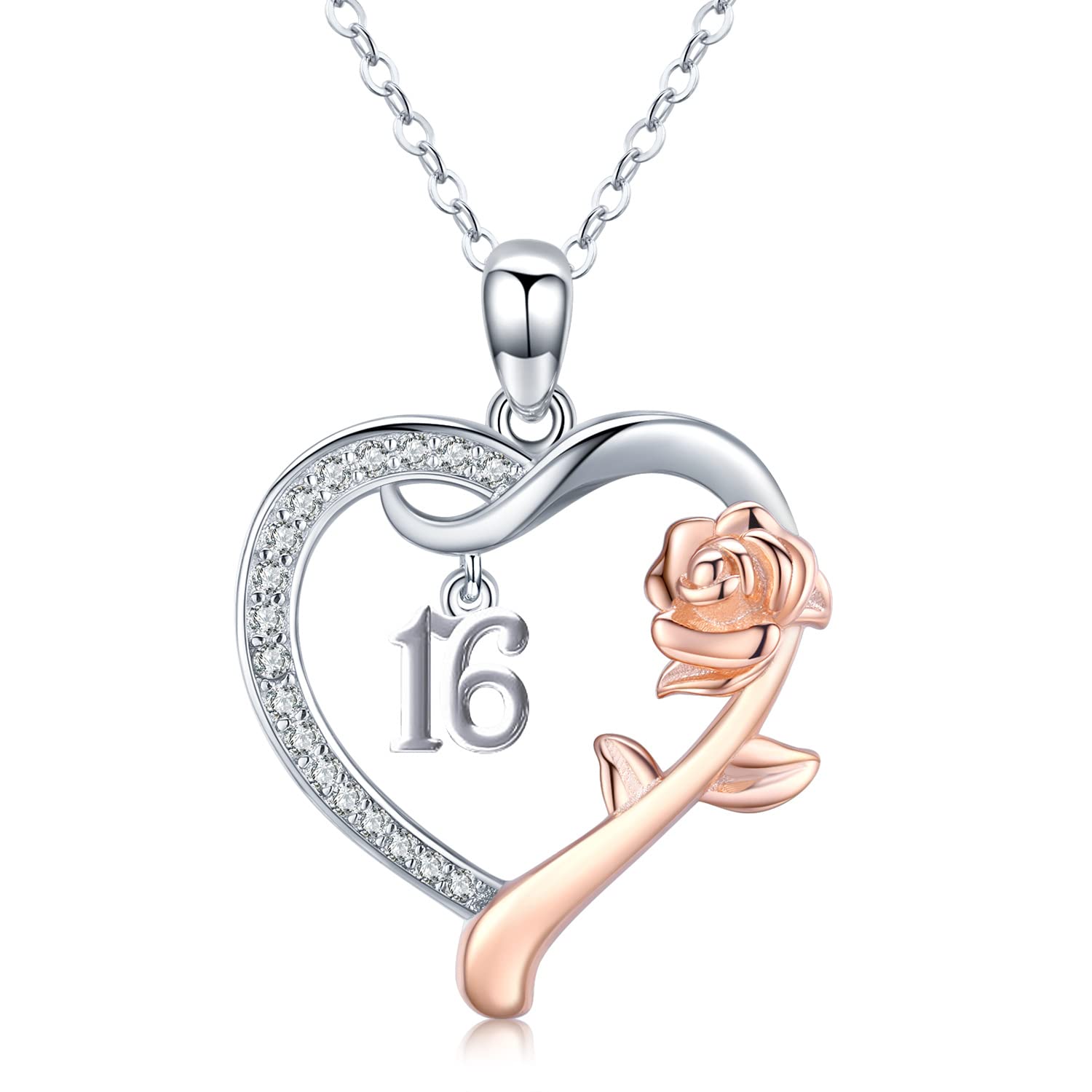 16 Year Old Gifts for Birthday/ Sweet 16th Birthday Gifts for Daughter 925 Sterling Silver Love Heart Rose Flower Pendant Necklace for Women Mothers Day Christmas Anniversary Graduation Jewelry