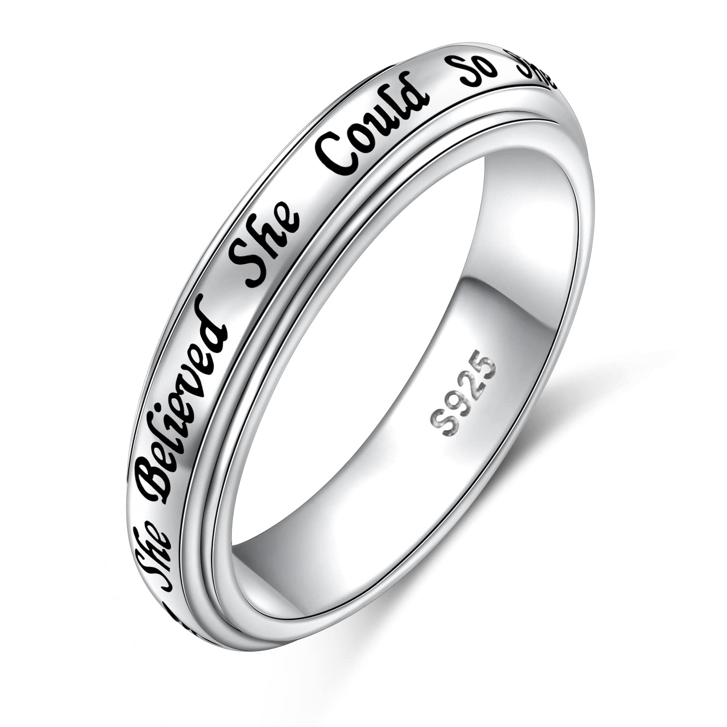 She Believed She Could So She Did Spinner Ring for Women Fidget Rings for Anxiety Stress Relieving ADHD Autism Rings 925 Sterling Silver Inspirational Band Ring Size 9