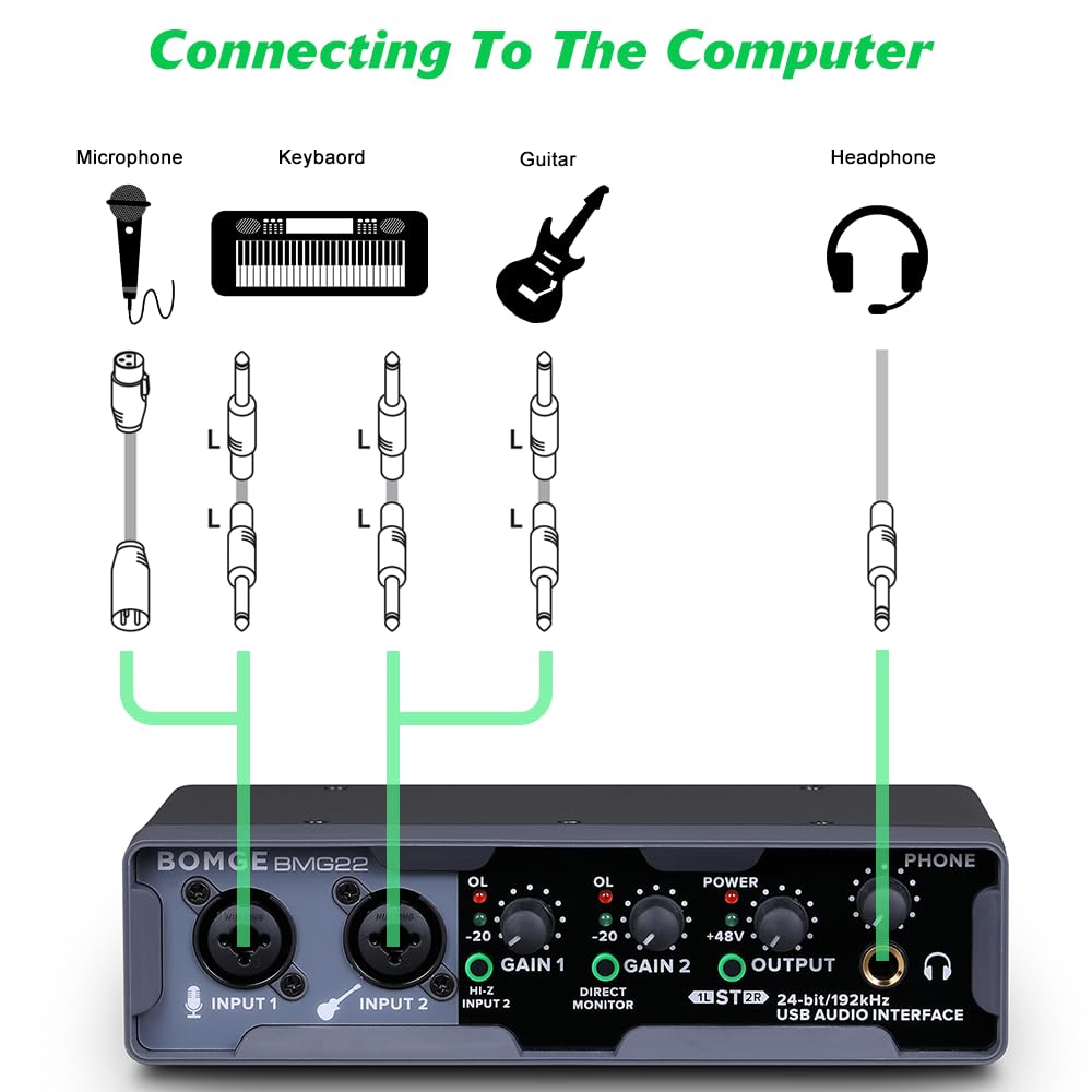 BOMGE USB Audio Interface(24 bit/192 kHz) with XLR,phantom power,Direct Monitoring,Loopback for PC Recording,Streaming,Guitarist,Vocalist and Podcasting