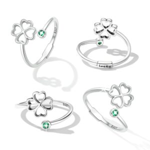 MUNDELL 925 Sterling Silver Simple Four Leaf Clover Adjustable Ring Green Zircon Lucky Statement Rings for Women Stacking Rings Fashion Jewelry