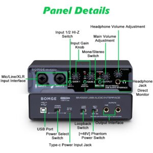 BOMGE USB Audio Interface(24 bit/192 kHz) with XLR,phantom power,Direct Monitoring,Loopback for PC Recording,Streaming,Guitarist,Vocalist and Podcasting