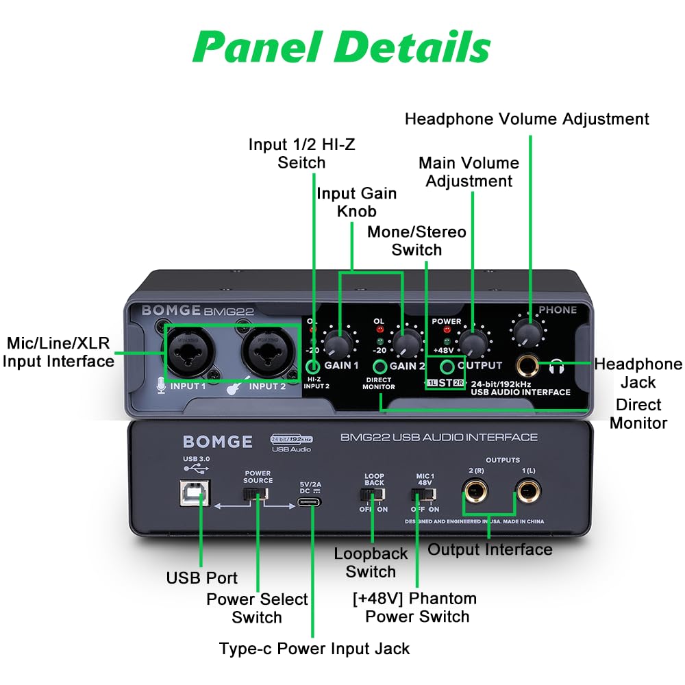 BOMGE USB Audio Interface(24 bit/192 kHz) with XLR,phantom power,Direct Monitoring,Loopback for PC Recording,Streaming,Guitarist,Vocalist and Podcasting