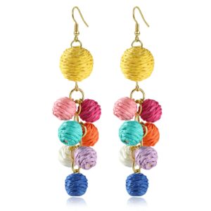 Colorful Raffia Earrings Boho Rattan Raffia Statement Drop Dangle for Women Lightweight Straw Wicker Earrings Summer Beach Vacation Earrings Jewelry Accessories Gifts (Rainbow)