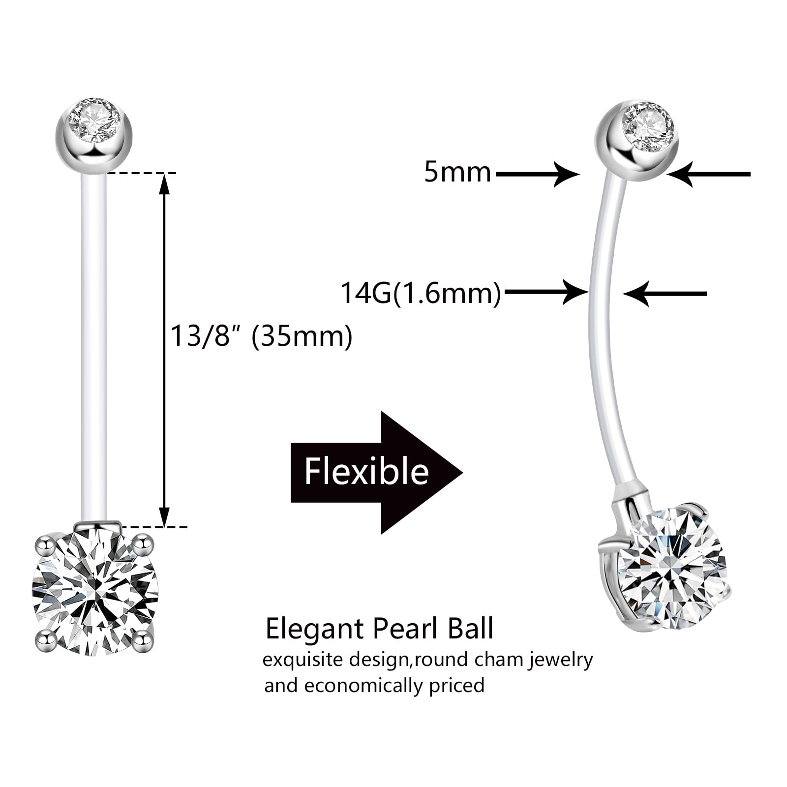 ONESING 3 Pcs 14G Pregnancy Belly Button Rings Flexible Maternity Belly Button Rings Plastic Long Pregnancy Belly Rings 38mm Cute CZ Jewelry Hypoallergenic Sport Navel Rings