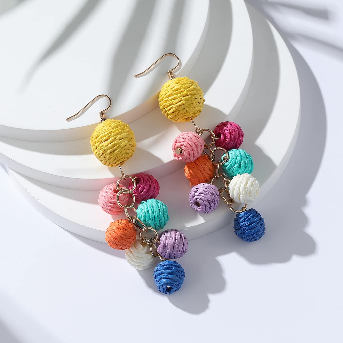 Colorful Raffia Earrings Boho Rattan Raffia Statement Drop Dangle for Women Lightweight Straw Wicker Earrings Summer Beach Vacation Earrings Jewelry Accessories Gifts (Rainbow)