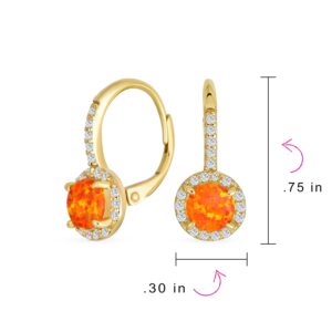 Antique Style Gemstone Cubic Zirconia Accent Pave Halo CZ Round Solitaire Circle Created Opal Drop Earrings For Women Lever Back Yellow Gold Plated .925 Sterling Silver October Birthstone