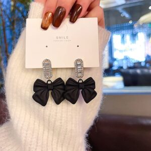 Channel V Black Bow Earrings for Women Rhinestone Black Red Vintage Earrings Luxury Sparkle Statement Square Crystal Jewelry Ribbon Bowknot Party Earrings(Black)