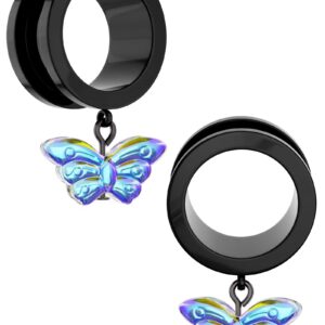 COCHARM 2PCS 00g Black Ear Gauges for Women 10mm Dangle Screw on Back Gauge Earrings Stainlessl Steel Black 00 Gauge Tunnels for Ears Dangling Butterfly 00g Plugs Gauges