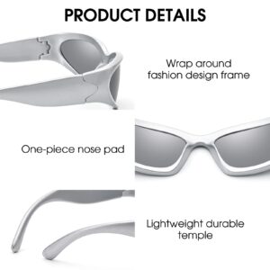 LIKSMU Wrap Around Street Fashion Sunglasses for Women Men Swift Oval Trendy Shades Sun Glasses 100% UV Protection Silver Mirrored Lens and Silver Frame