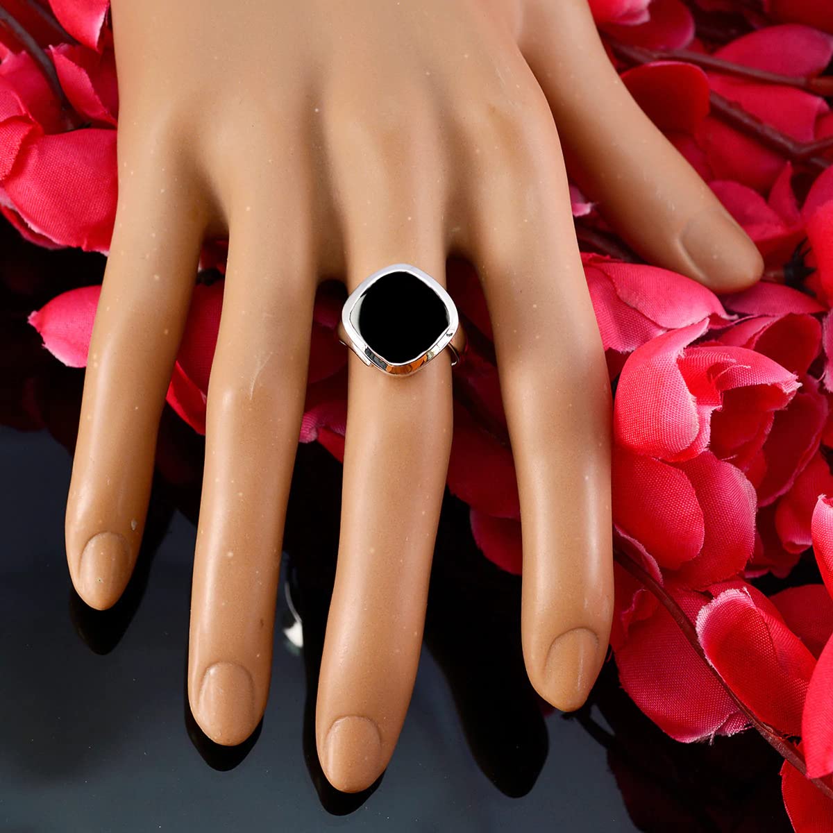 55Carat Bezel Setting Bold Ring sterling silver Natural Black Onyx Cushion shape Black color Wedding Engagement Daily Wear Ring Jewelry Bezel Setting in Size 8 Casual Wear for Gift