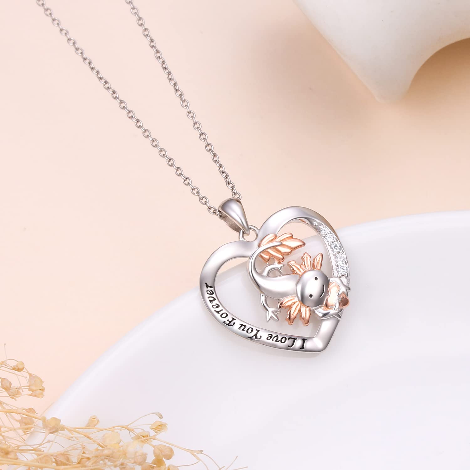 HOOHWE Axolotl Gifts 925 Sterling Silver Axolotl Pendant Necklace Heart Axolotl Jewelry for Women