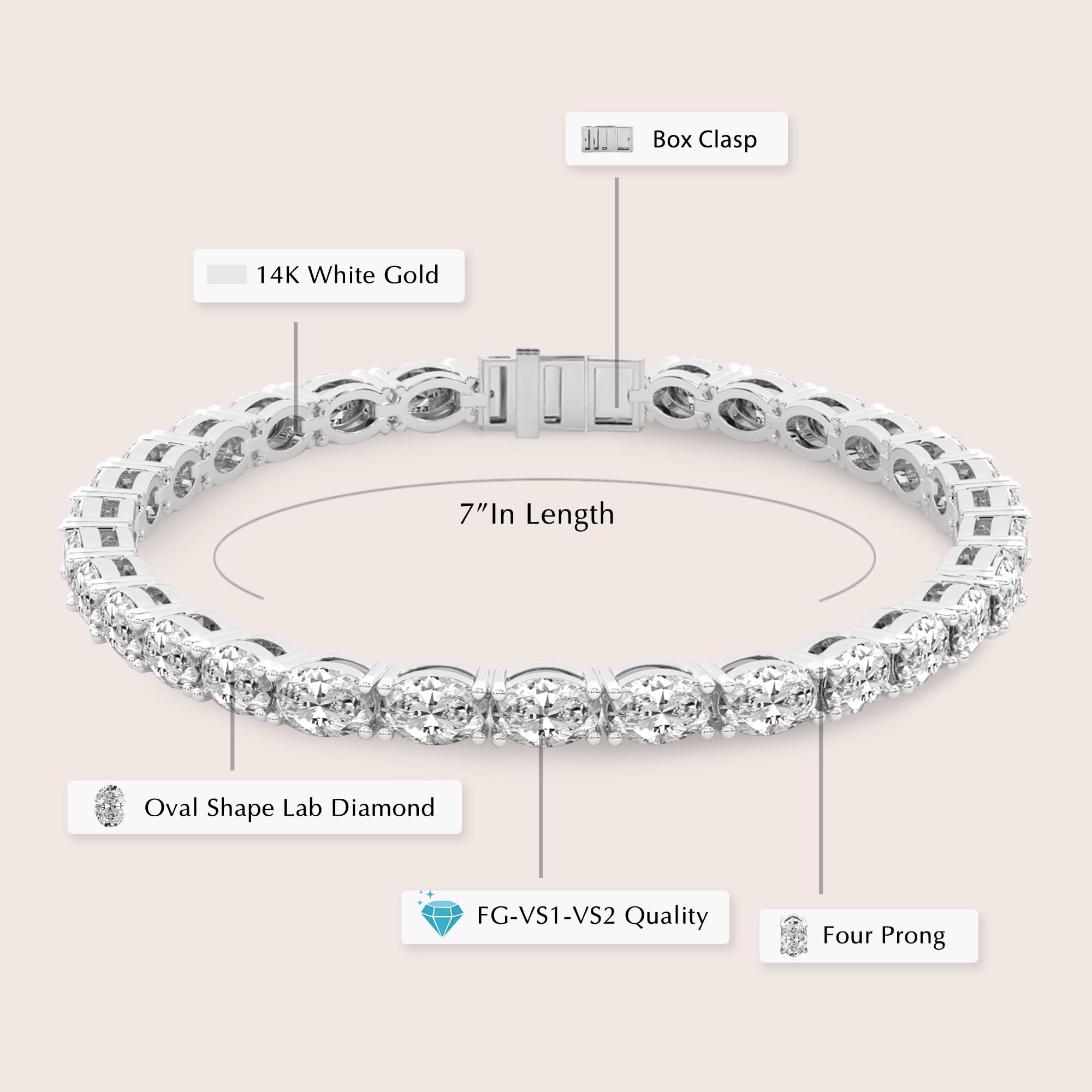 FRIENDLY DIAMONDS 5 Carat IGI Certified Lab Grown Diamond Bracelet Line 7" | 14K in White Gold | Aldea Oval Lab Diamond Tennis Bracelet | Prong Settings | FG-VS1-VS2 Quality