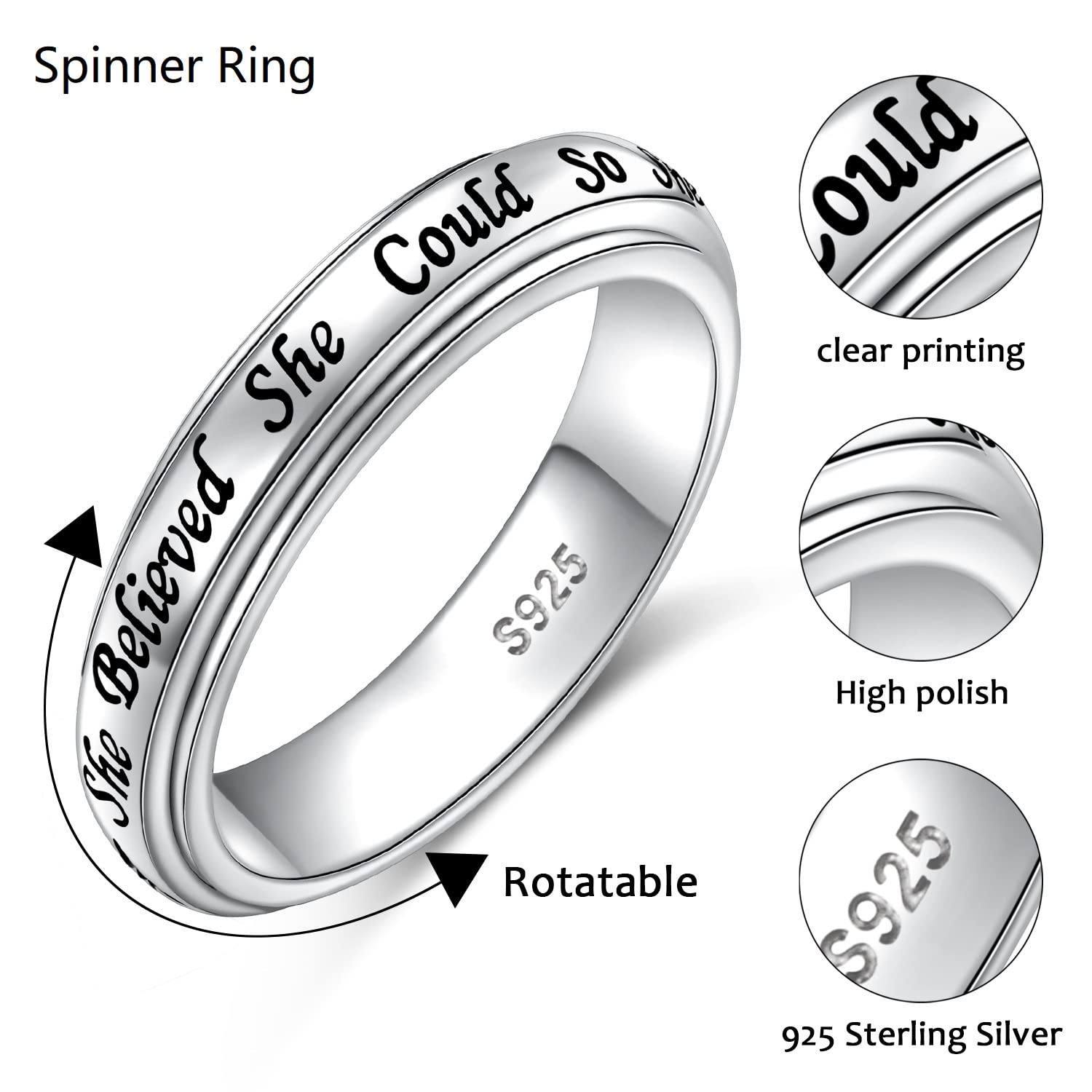 She Believed She Could So She Did Spinner Ring for Women Fidget Rings for Anxiety Stress Relieving ADHD Autism Rings 925 Sterling Silver Inspirational Band Ring Size 9