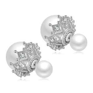 rimgoris double-sided white pearl hollow zircon white gold plated silver stud earrings for women