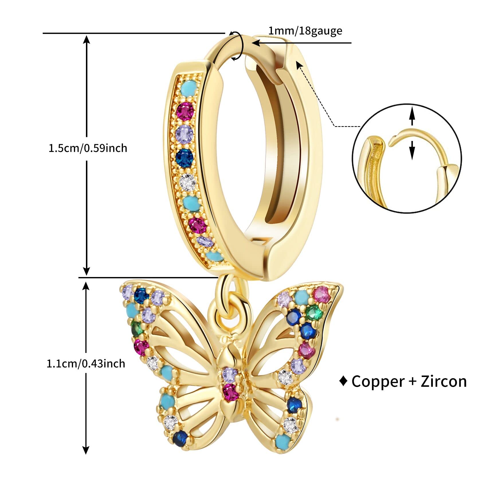 PWUEITR Butterfly Earrings for Women Small Gold Hoop Earrings with Charms Zircon Star Moon Huggie Dangle Earrings Valentine's Day Wedding Mother's Day Gift,butterfly