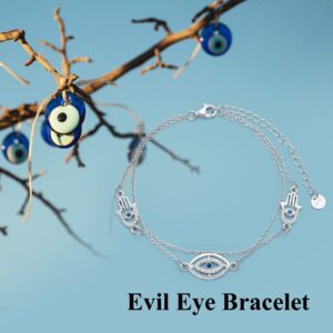 VONALA Sterling Silver Bracelets Claddagh/Celtic Knot/Cross/Evil Eye/Butterfly/Ladybug/Paw Print/Heart/Flower/Stethoscope Charm Link Chain Layered Bracelet Jewelry Gifts for Women (Evil Eye)