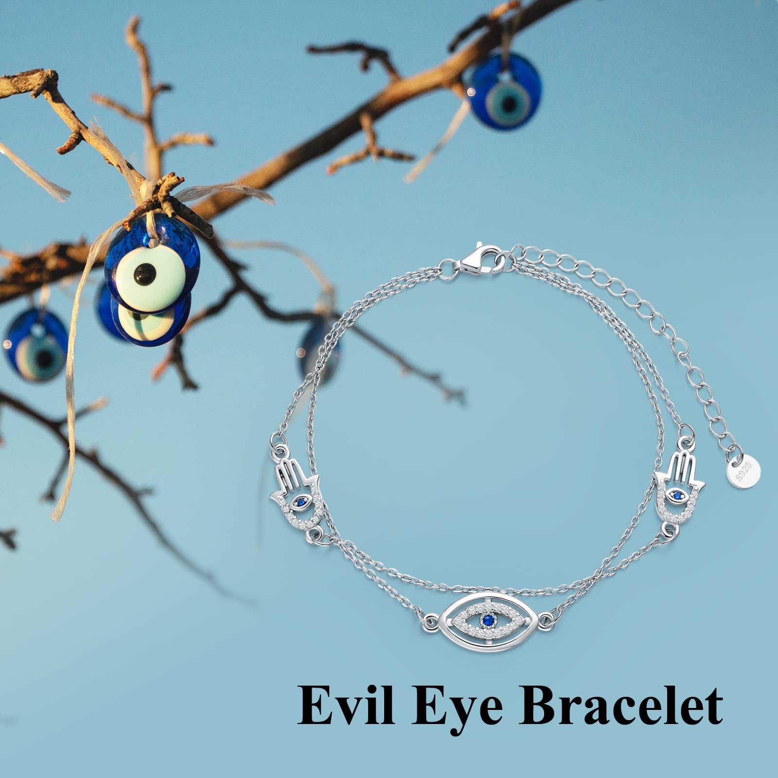 VONALA Sterling Silver Bracelets Claddagh/Celtic Knot/Cross/Evil Eye/Butterfly/Ladybug/Paw Print/Heart/Flower/Stethoscope Charm Link Chain Layered Bracelet Jewelry Gifts for Women (Evil Eye)