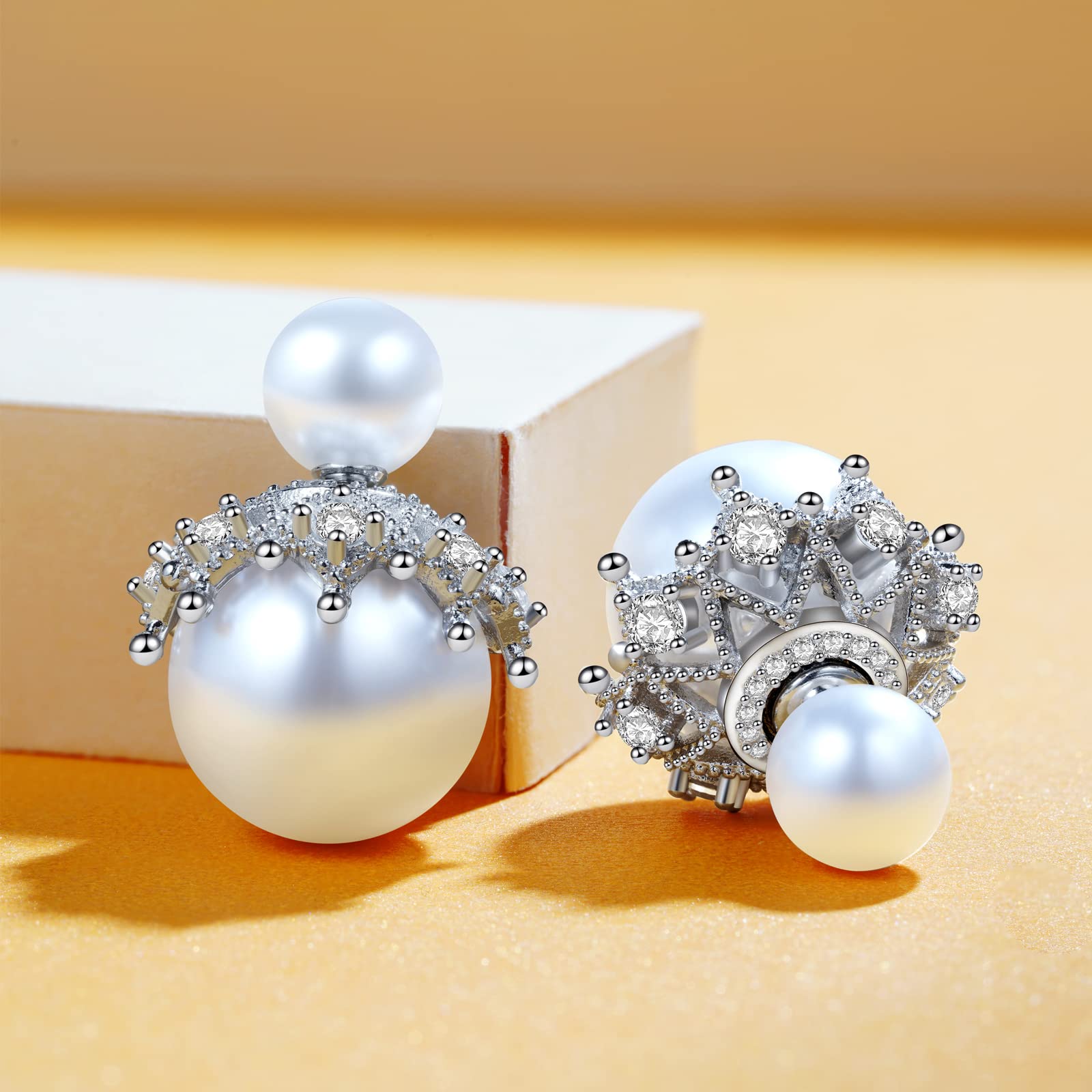 RIMGORIS Double-Sided White Pearl Hollow Zircon White Gold Plated Silver Stud Earrings for Women