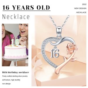 16 Year Old Gifts for Birthday/ Sweet 16th Birthday Gifts for Daughter 925 Sterling Silver Love Heart Rose Flower Pendant Necklace for Women Mothers Day Christmas Anniversary Graduation Jewelry