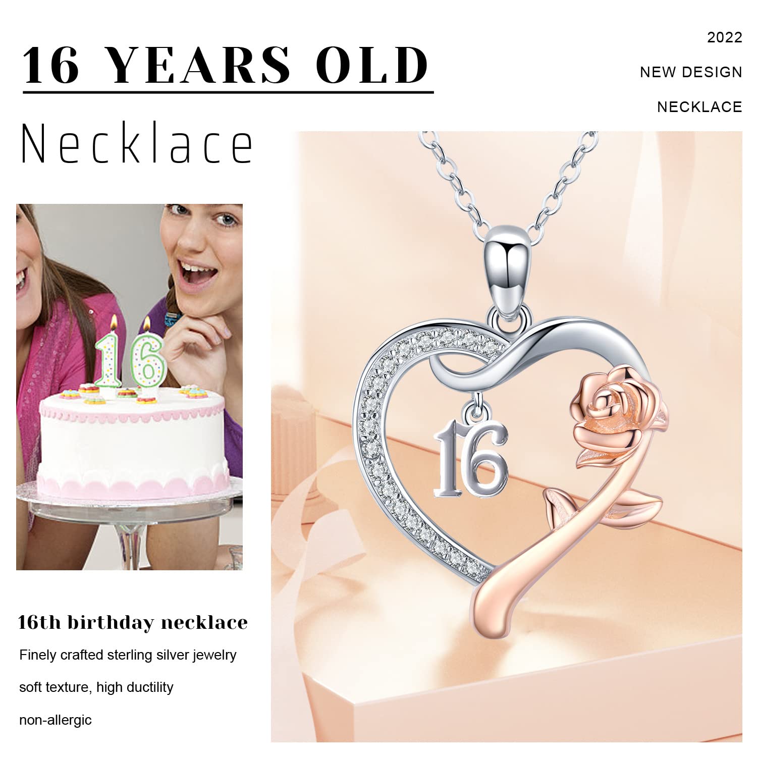 16 Year Old Gifts for Birthday/ Sweet 16th Birthday Gifts for Daughter 925 Sterling Silver Love Heart Rose Flower Pendant Necklace for Women Mothers Day Christmas Anniversary Graduation Jewelry