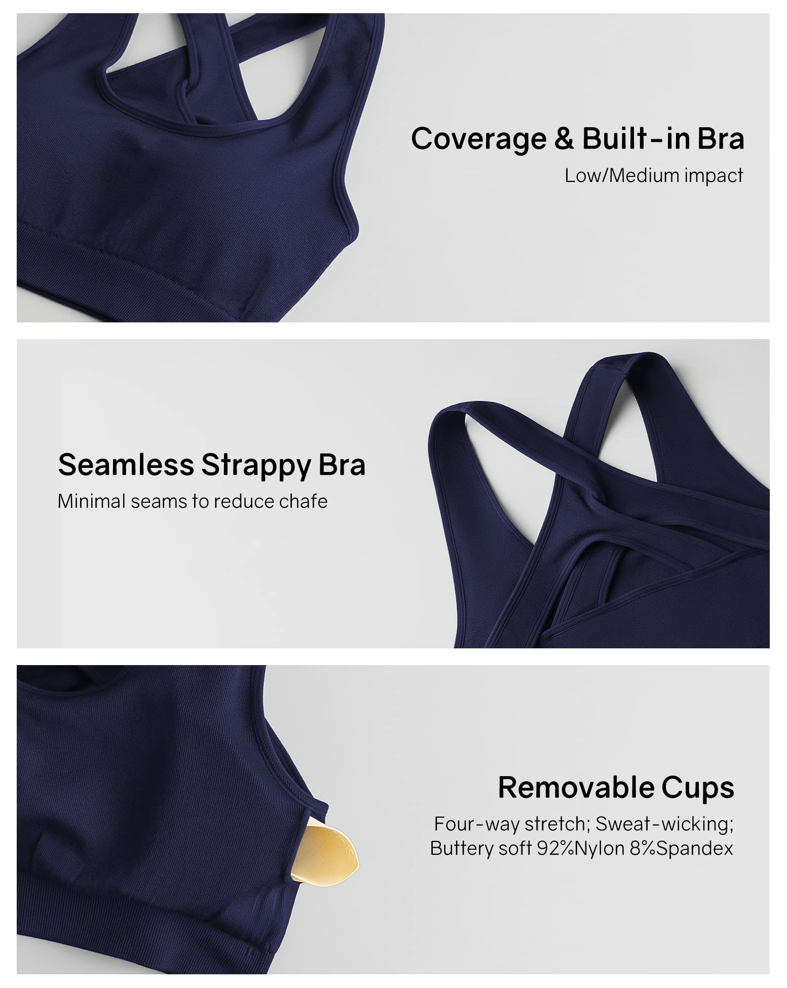 MOVINOW Sports Bra Seamless Medium Impact Longline Sports Bras for Women Yoga Bra Workout Removable Cups 3 Pack M