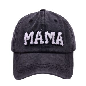 waldeal embroidered mama hat for women, gifts for mom, wife, adjustable washed distressed baseball cap black