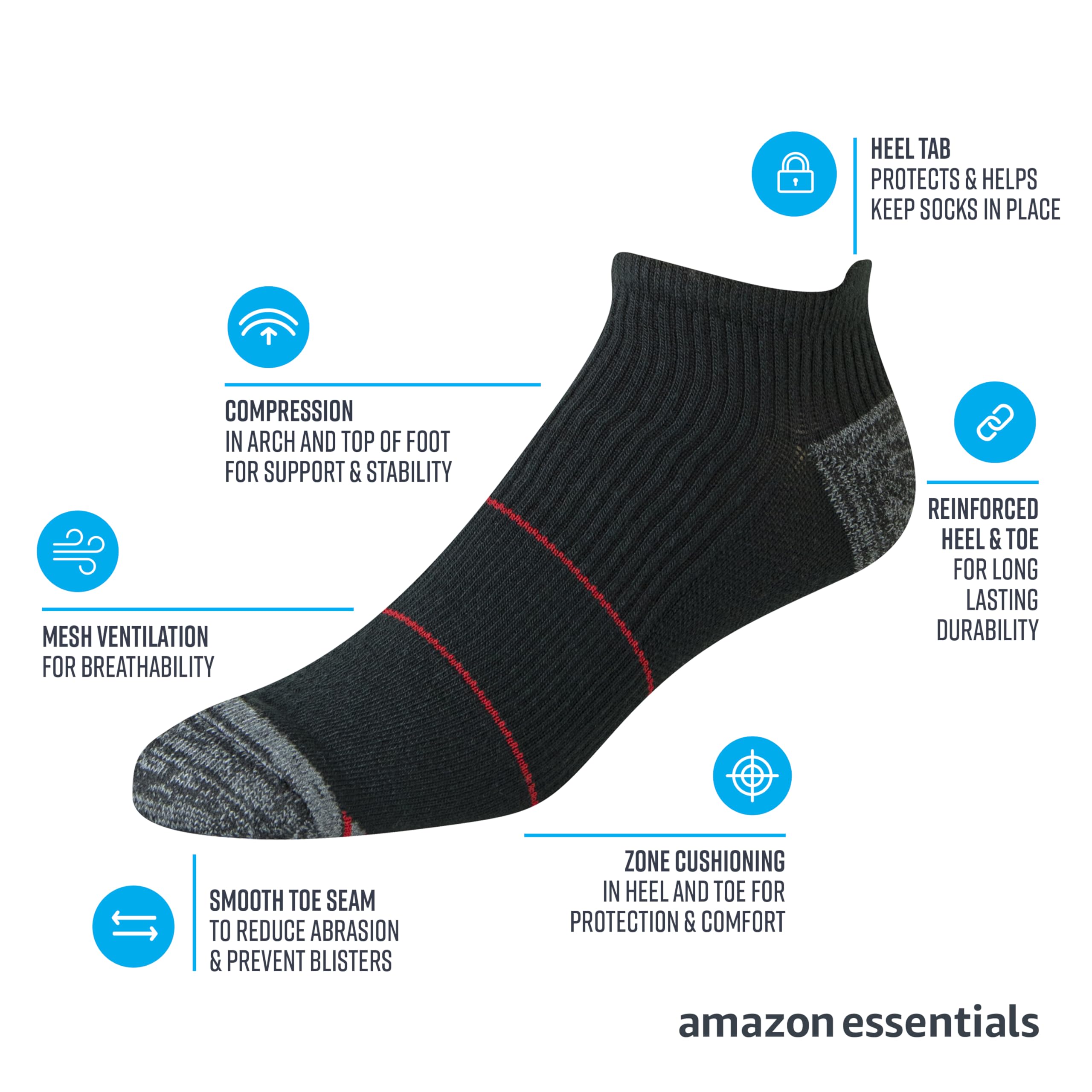 Amazon Essentials Men's Performance Zone Cushion Athletic Tab Socks, 6 Pairs, Black, 12-14