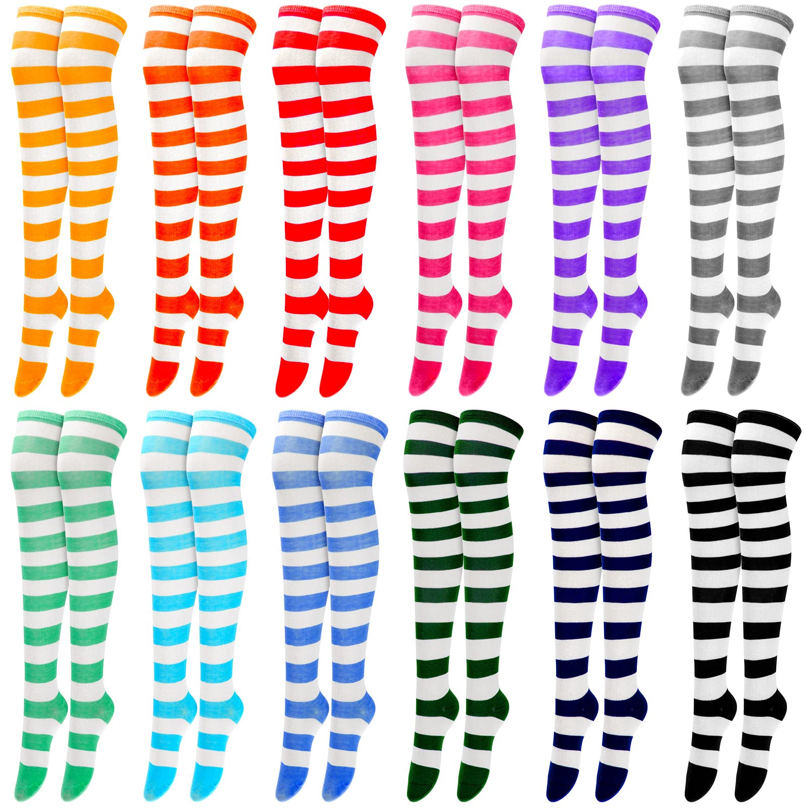 JaGely 12 Pairs Women Thigh High Socks Striped Knee High Socks Thigh High Socks for Women Multicolored Elastic over The Knee Long Stocking Socks for Women Girls Anime Cosplay Daily