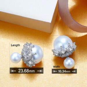 RIMGORIS Double-Sided White Pearl Hollow Zircon White Gold Plated Silver Stud Earrings for Women