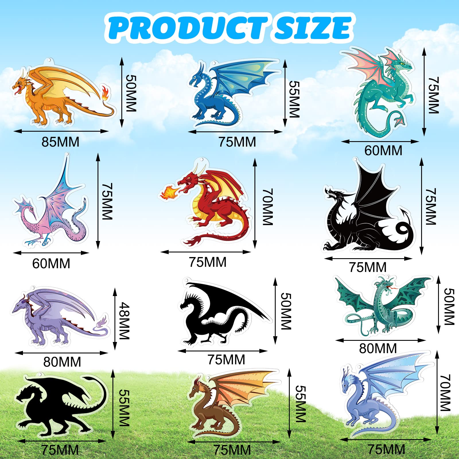 2.4 Inch Dragon Keychain for Kids Dragon Party Favor Acrylic Dragon Key Ring Dinosaur Key Chains Fire Sunshine Glory Dinosaur Key Ring Car Handbag Wallet Jewelry Gifts for Kid, Assorted Style (12 Pcs)