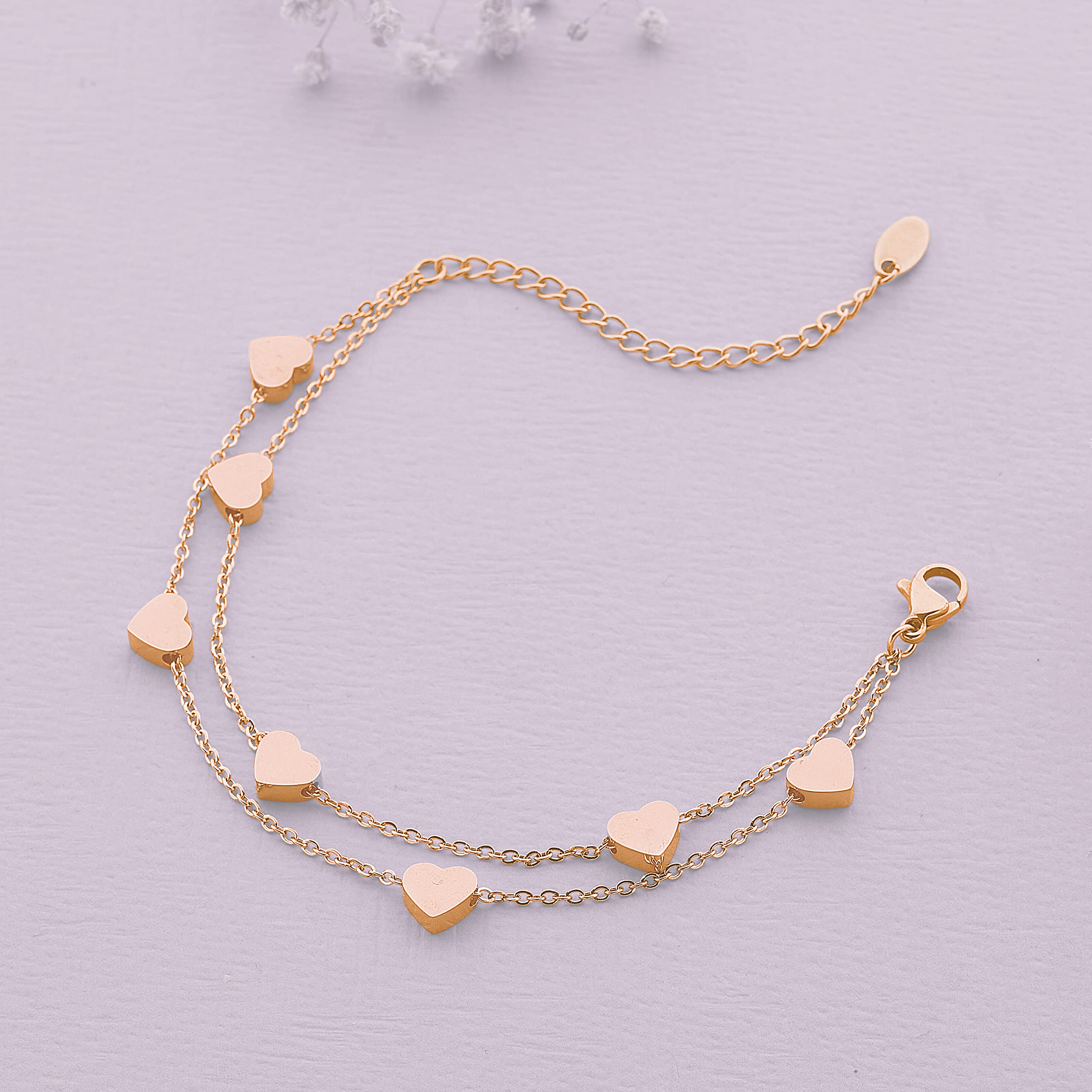 Pera Jewelry Heart Bracelets, 14K Gold Plated and Silver Plated Layered Chain Heart Bracelets for Women with Gift Box, Adjustable Charm Bracelets, Minimalist Fashion Jewelry, Tiny Dainty Bracelets