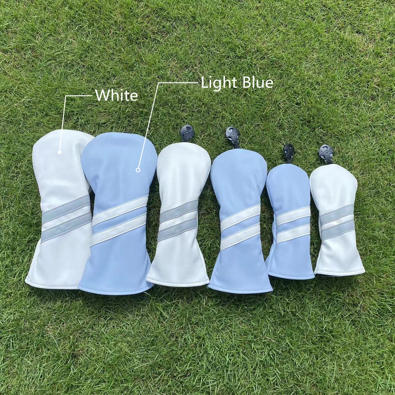 3pcs Golf Wood Head Covers Headcovers Set includes Driver Headcover fits up to 460cc Drivers, Rotatable Golf Fairway Wood Headcover and Hybrid Head Cover (Light Blue| white stripes)