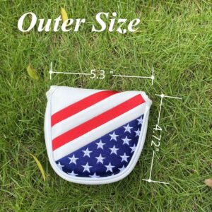 Embroidery Stars & Stripes Center Shafted Golf Mallet Putter Cover Magnetic Mallet Putter Head Cover Club Protective Case, Red White Blue Mallet Putter Headcover