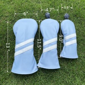 3pcs Golf Wood Head Covers Headcovers Set includes Driver Headcover fits up to 460cc Drivers, Rotatable Golf Fairway Wood Headcover and Hybrid Head Cover (Light Blue| white stripes)