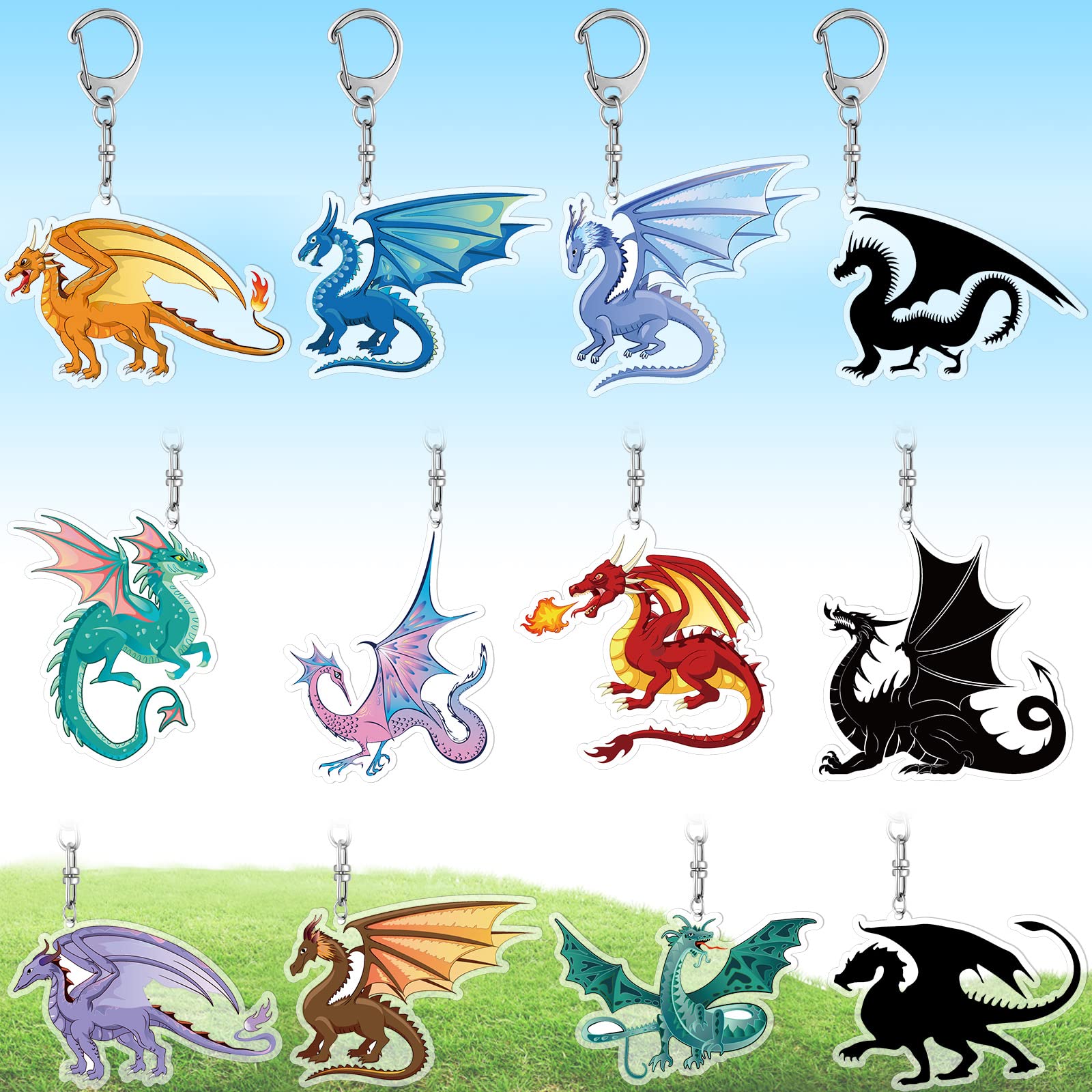 2.4 Inch Dragon Keychain for Kids Dragon Party Favor Acrylic Dragon Key Ring Dinosaur Key Chains Fire Sunshine Glory Dinosaur Key Ring Car Handbag Wallet Jewelry Gifts for Kid, Assorted Style (12 Pcs)