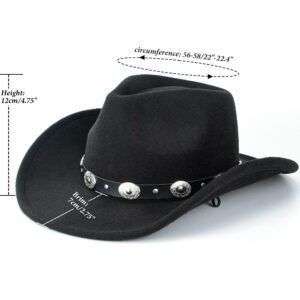 Black Cowboy Cowgirl Hat for Women Men Western Style Wide Brim Felt Fedora Panama Hat with Detachable Belt Buckle