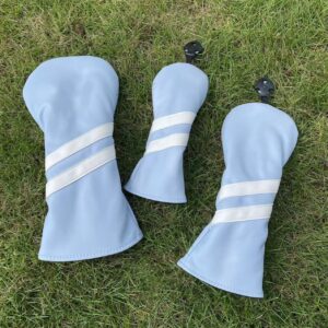 3pcs golf wood head covers headcovers set includes driver headcover fits up to 460cc drivers, rotatable golf fairway wood headcover and hybrid head cover (light blue| white stripes)