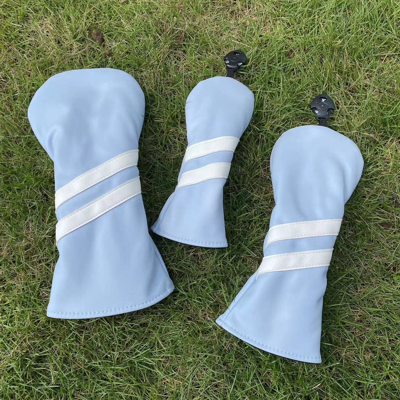 3pcs Golf Wood Head Covers Headcovers Set includes Driver Headcover fits up to 460cc Drivers, Rotatable Golf Fairway Wood Headcover and Hybrid Head Cover (Light Blue| white stripes)