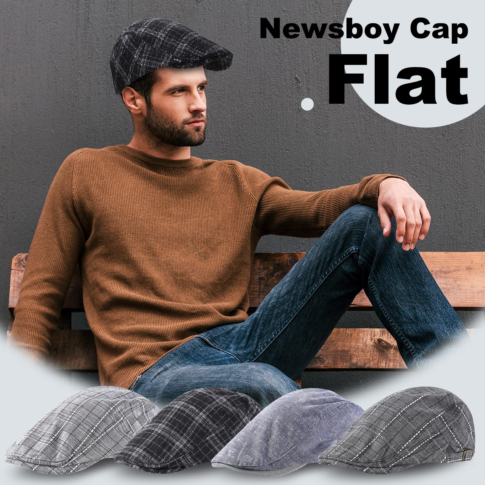 Jadive 4 Pcs Newsboy Hats for Men Cotton Flat Cap Adjustable Breathable Cap for Men Newsboy Driving Hunting Hat Newsboy Hat