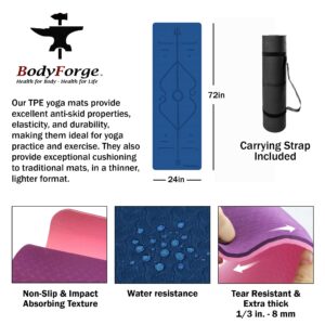 BodyForge Yoga Mat Thick Exercise Mat Thick 8mm TPE Eco-Friendly with Alignment Marks Non-Slip Extra Thick High-Density for Women Men Workout Pilates (Blue/Light Blue)