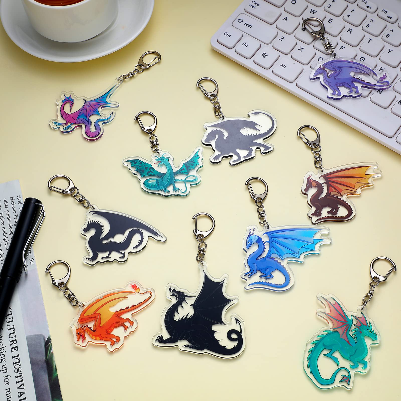 2.4 Inch Dragon Keychain for Kids Dragon Party Favor Acrylic Dragon Key Ring Dinosaur Key Chains Fire Sunshine Glory Dinosaur Key Ring Car Handbag Wallet Jewelry Gifts for Kid, Assorted Style (12 Pcs)