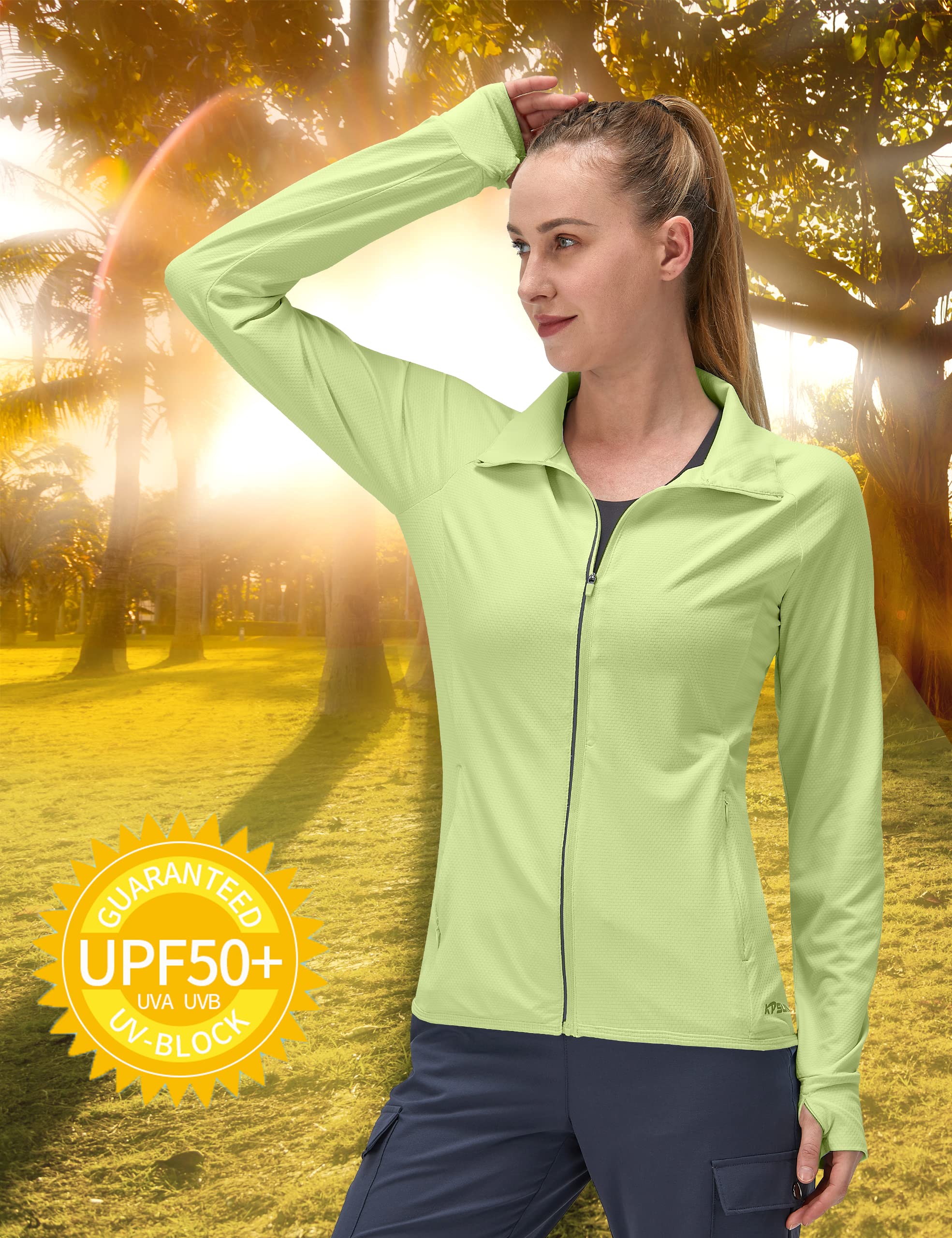 Women's UPF 50+ UV Sun Protection Clothing Long Sleeve Athletic Hiking Shirts Lightweight SPF Zip Up Outdoor Jacket(Green,XL)