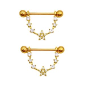 salwosai 14g stainless steel nipple rings cz chain star straight barbell bars body piercing jewelry (gold)