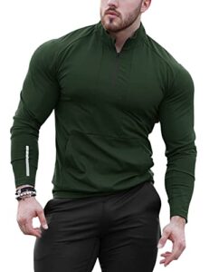 poriff men's active dry-fit quarter zip long sleeve outdoor running performance pullover golf workout shirts army green s