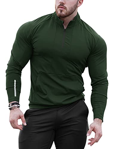 Poriff Men's Active Dry-Fit Quarter Zip Long Sleeve Outdoor Running Performance Pullover Golf Workout Shirts Army Green S