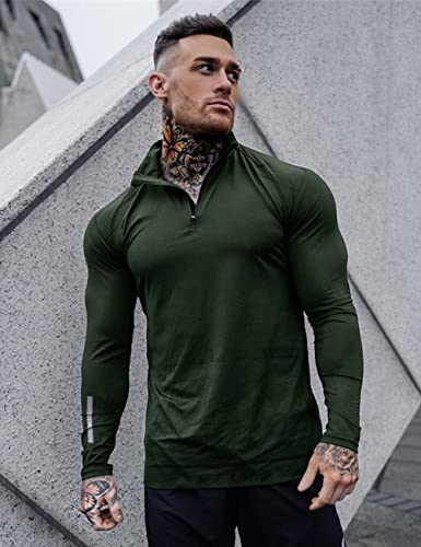 Poriff Men's Active Dry-Fit Quarter Zip Long Sleeve Outdoor Running Performance Pullover Golf Workout Shirts Army Green S