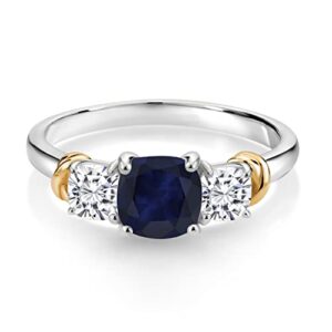 Gem Stone King 925 Sterling Silver and 10K Yellow Gold Blue Sapphire and White Moissanite 3 Stone Engagement Ring For Women (1.94 Cttw, Cushion Cut 6MM and 4MM, Available In Size 5, 6, 7, 8, 9)