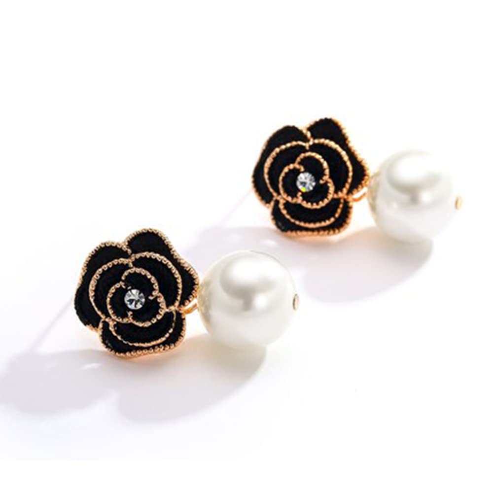 Fashion Design Faux Pearl Charm Flower Dangle Drop Earrings Studs For Women (Black)